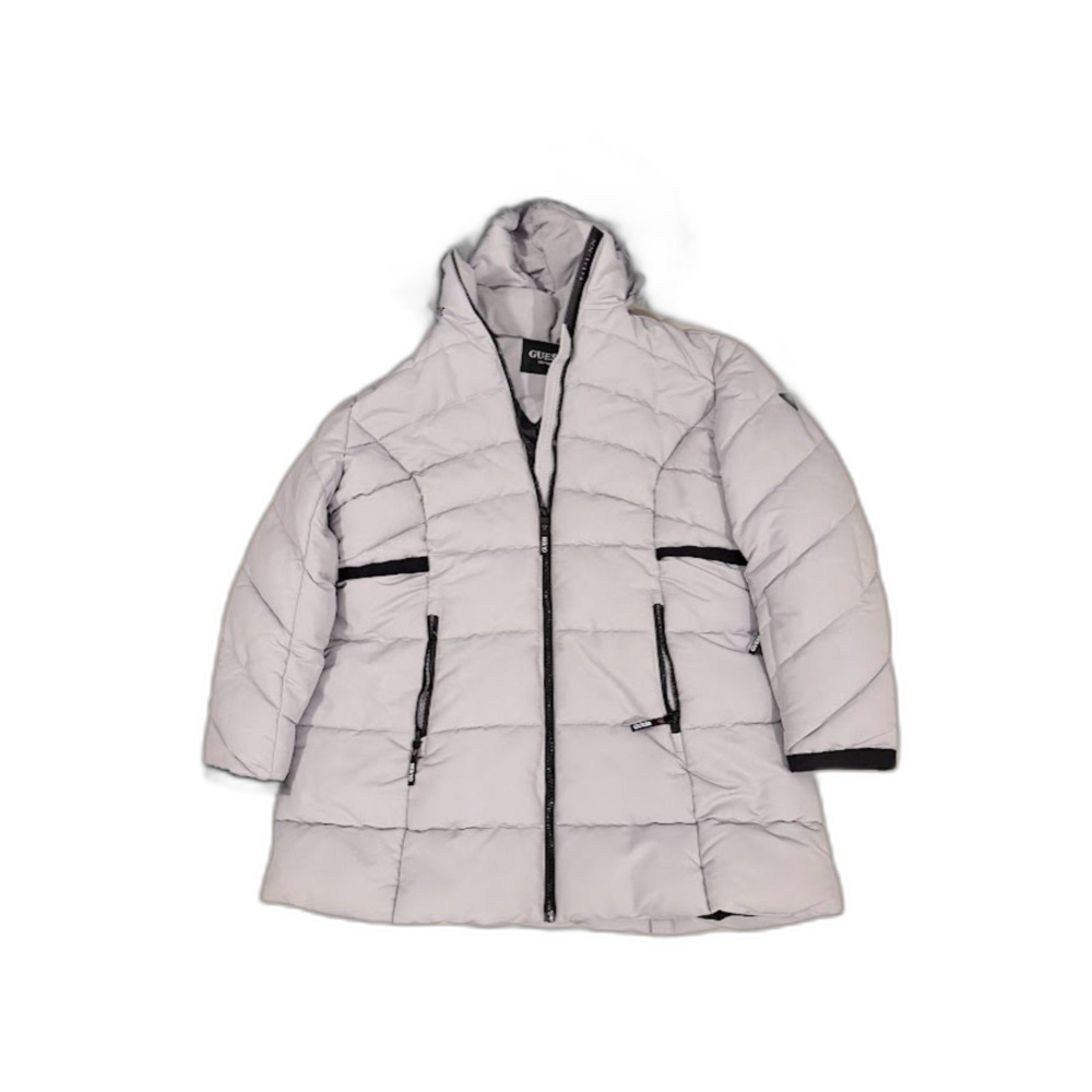Women's Guess Light Grey Puffer Jacket with Fur Hood Size 1X
